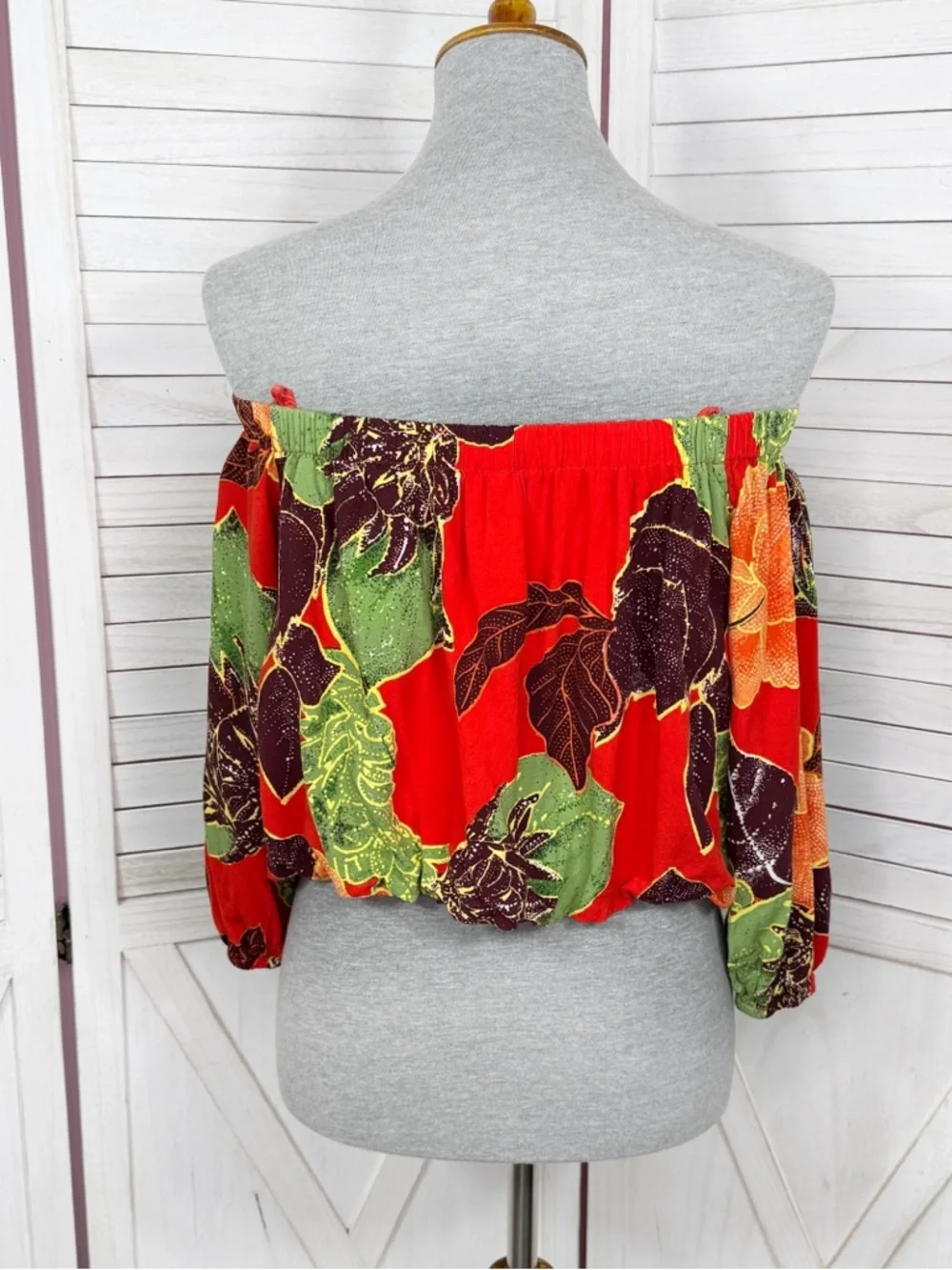 Free People Boho Tropical Flower‎ Print Off Shoulder Puff Sleeve Crop Top Red XS